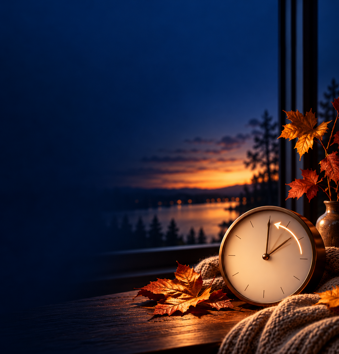 a clock over a table with autumn leaves
